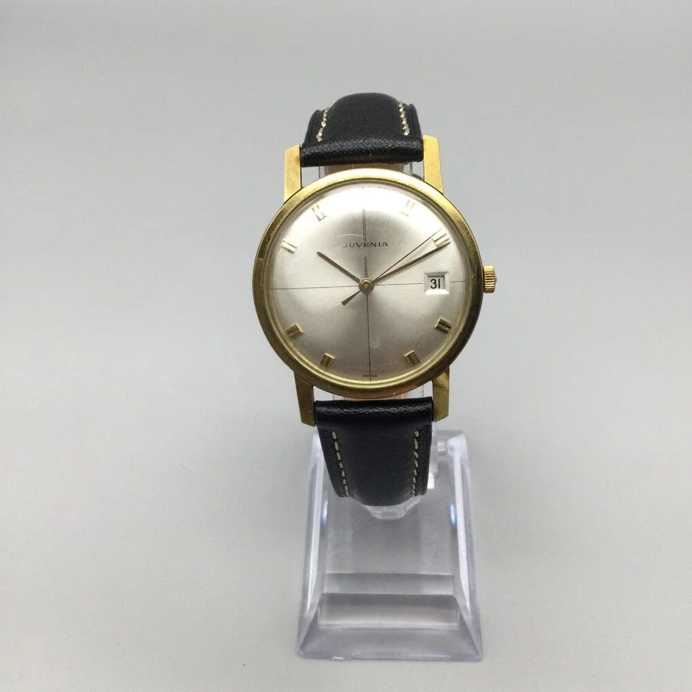 Vintage Juvenia Mens Watch 34mm Gold Plated Black Leather Automatic